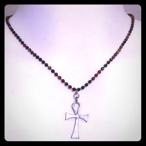 Red, green, yellow, ball chain necklace with ankh